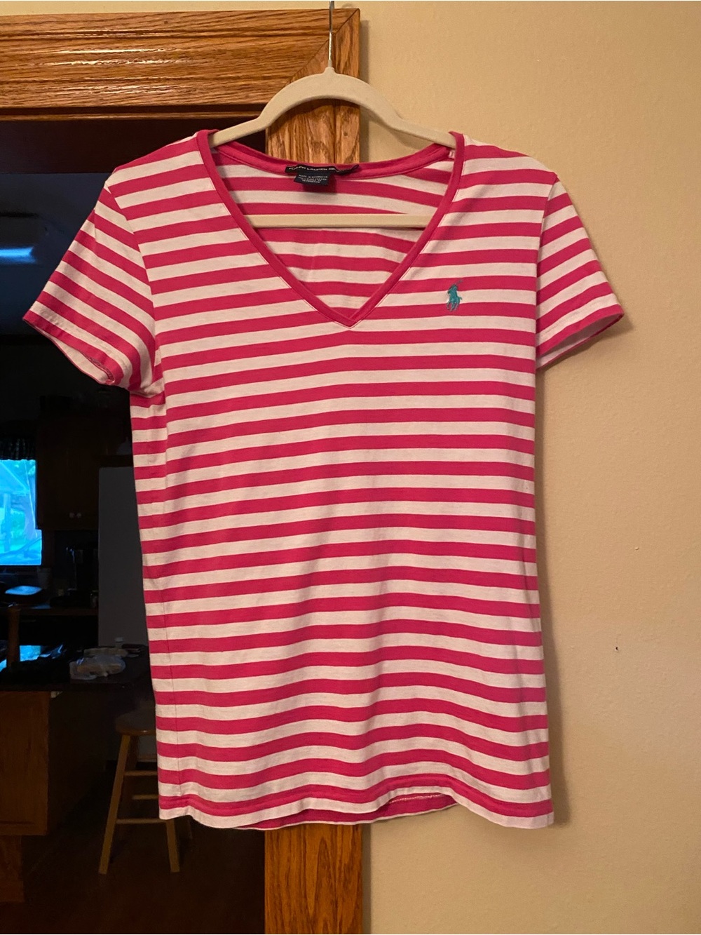 Ralph Lauren Hot Pink and White Striped V-Neck Tee